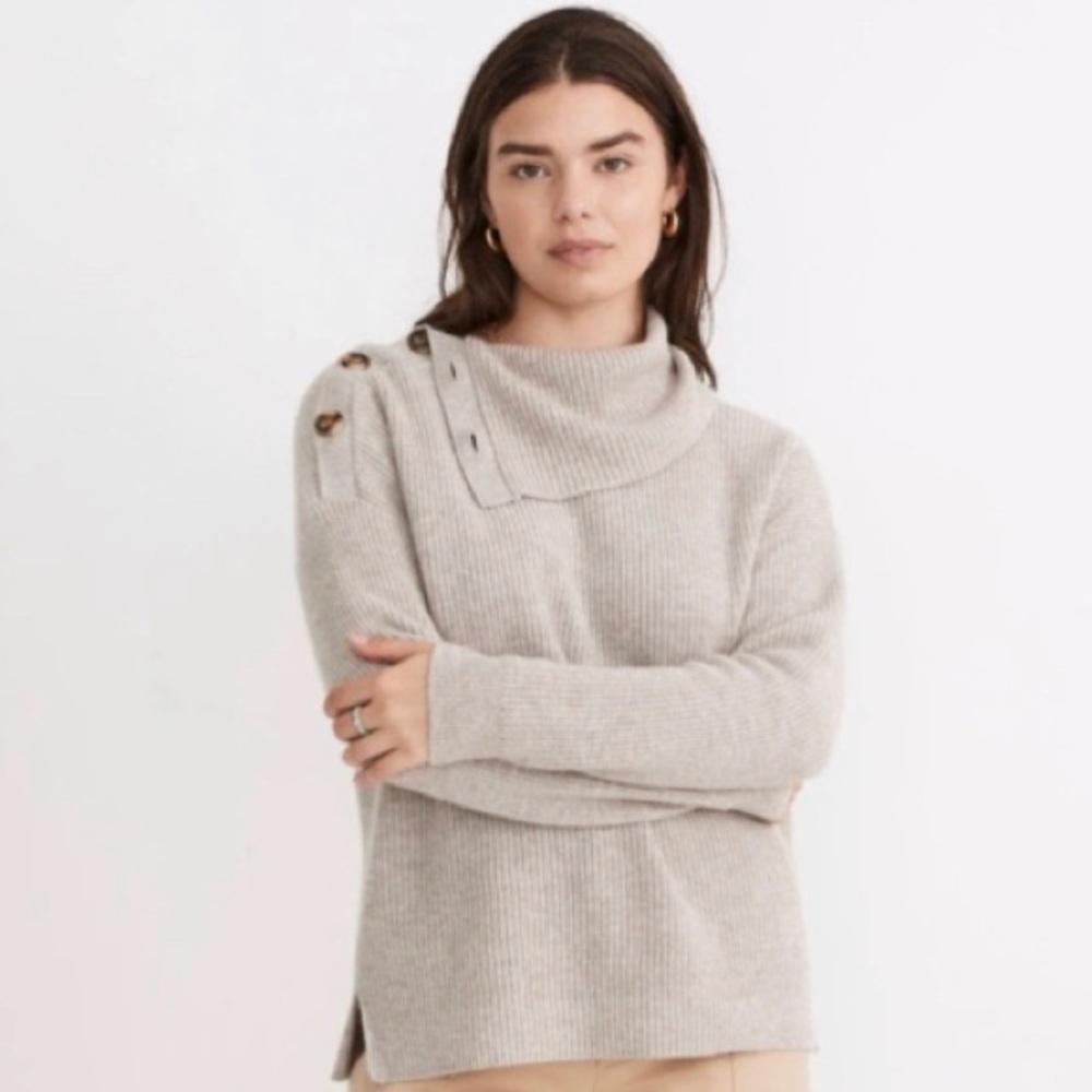 Madewell Wool Blend Neutral Oatmeal Knit Button-Shoulder Turtleneck Sweater S